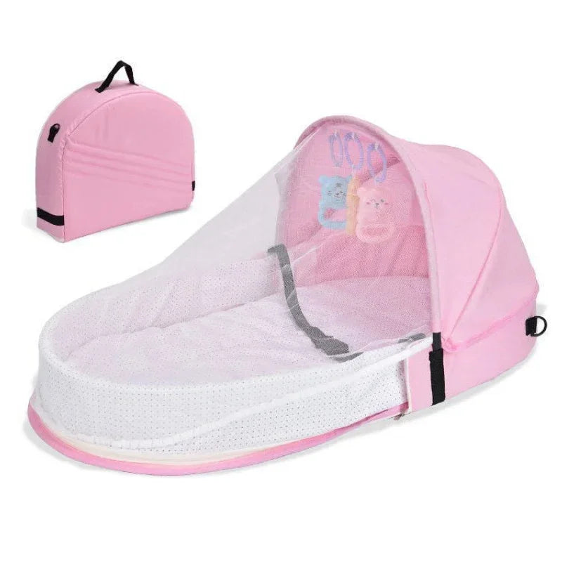 Baby Bed Convenient Folding Anti Pressure Baby Crib with Net and Awning Newborn Isolation Biomimetic Outdoor Travel Baby Crib
